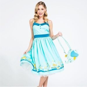 Disney Parks Magic Kingdom Retro Pin-up Rockabilly Midi Dress Aqua Blue Size S